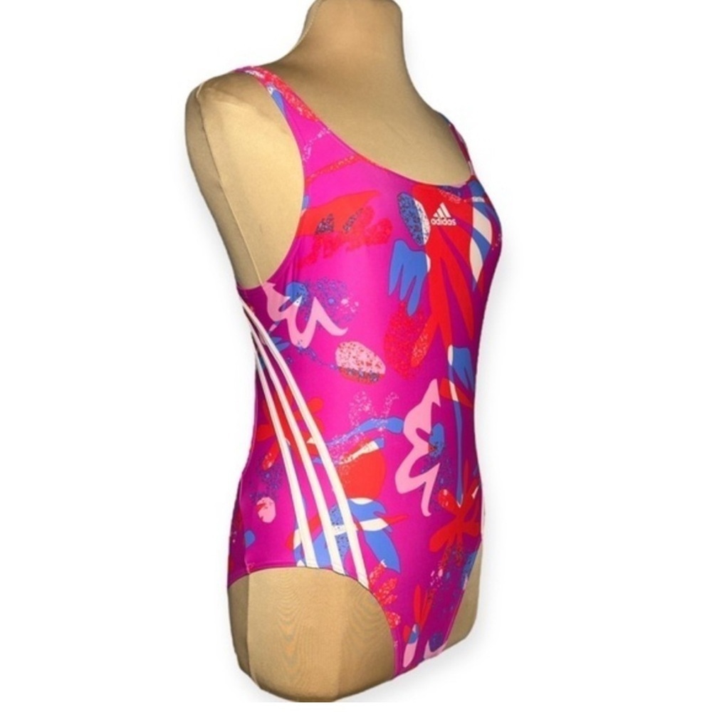 ADIDAS Pink multicolor Floral 3-Stripes One Piece retro 90’s Swimsuit size 12 - Picture 4 of 8
